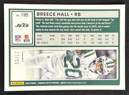 Breece Hall 2025 Panini Donruss Optic Blue Mojo Prizm /55 Jets Sports Trading Card