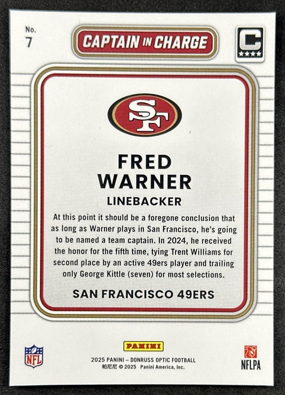 Fred Warner 2025 Panini Donruss Optic Captain in Charge 49ers