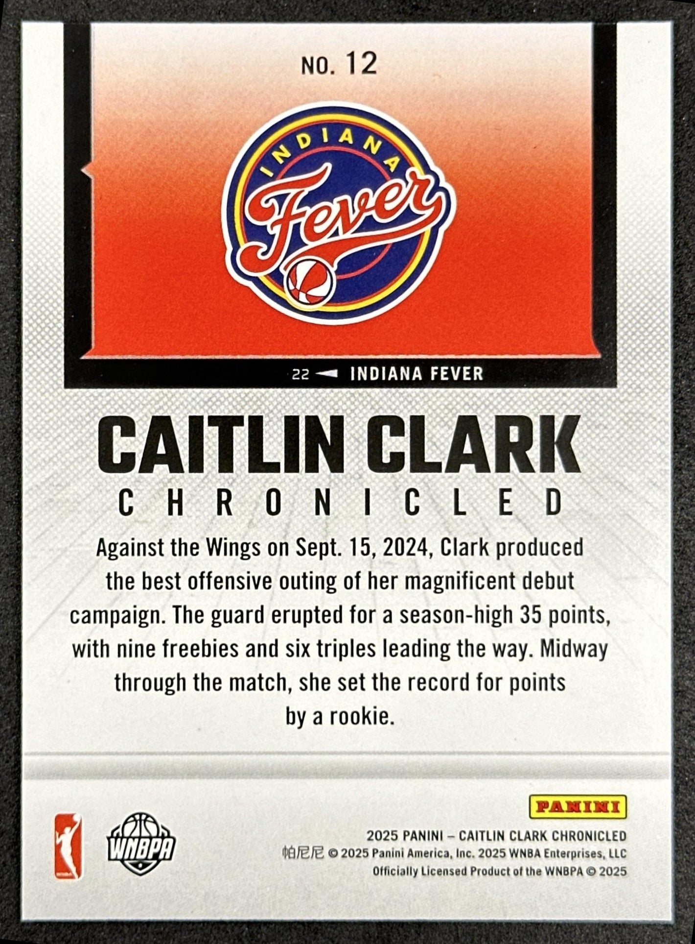 Caitlin Clark 2025 Panini Chronicled WNBA Red Holo Fever 12 Indiana Fever