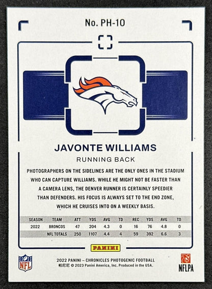 Javonte Williams 2022 Panini Chronicles Photogenic Orange Broncos back