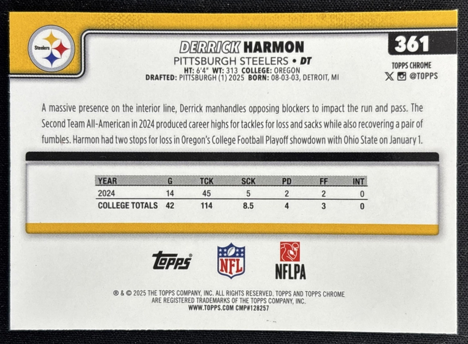 Derrick Harmon 2025 Topps Chrome Rookie X-Fractor Steelers