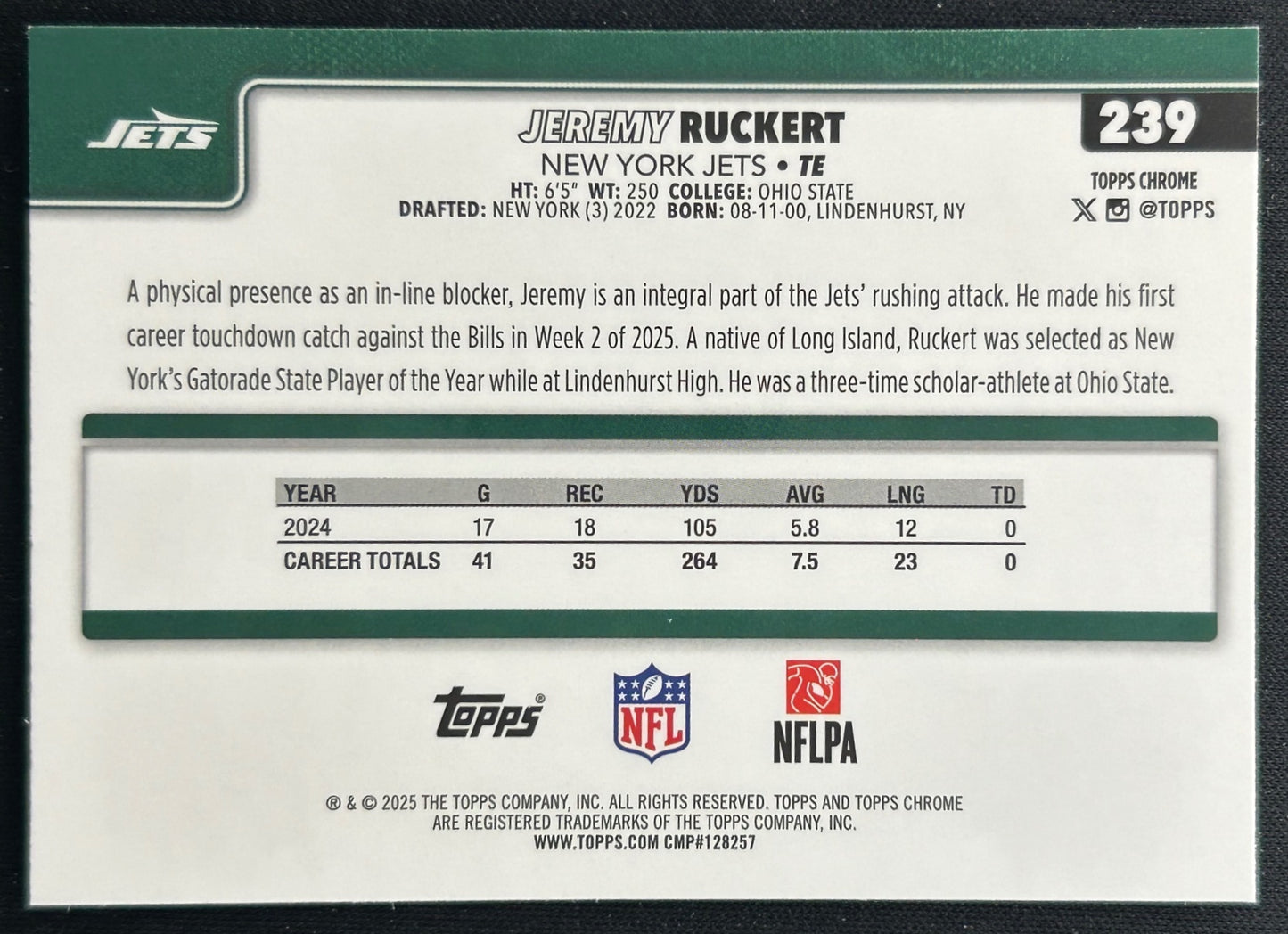 Jeremy Ruckert 2025 Topps Chrome Topps Logo Refractor Jets Sports Trading Cards