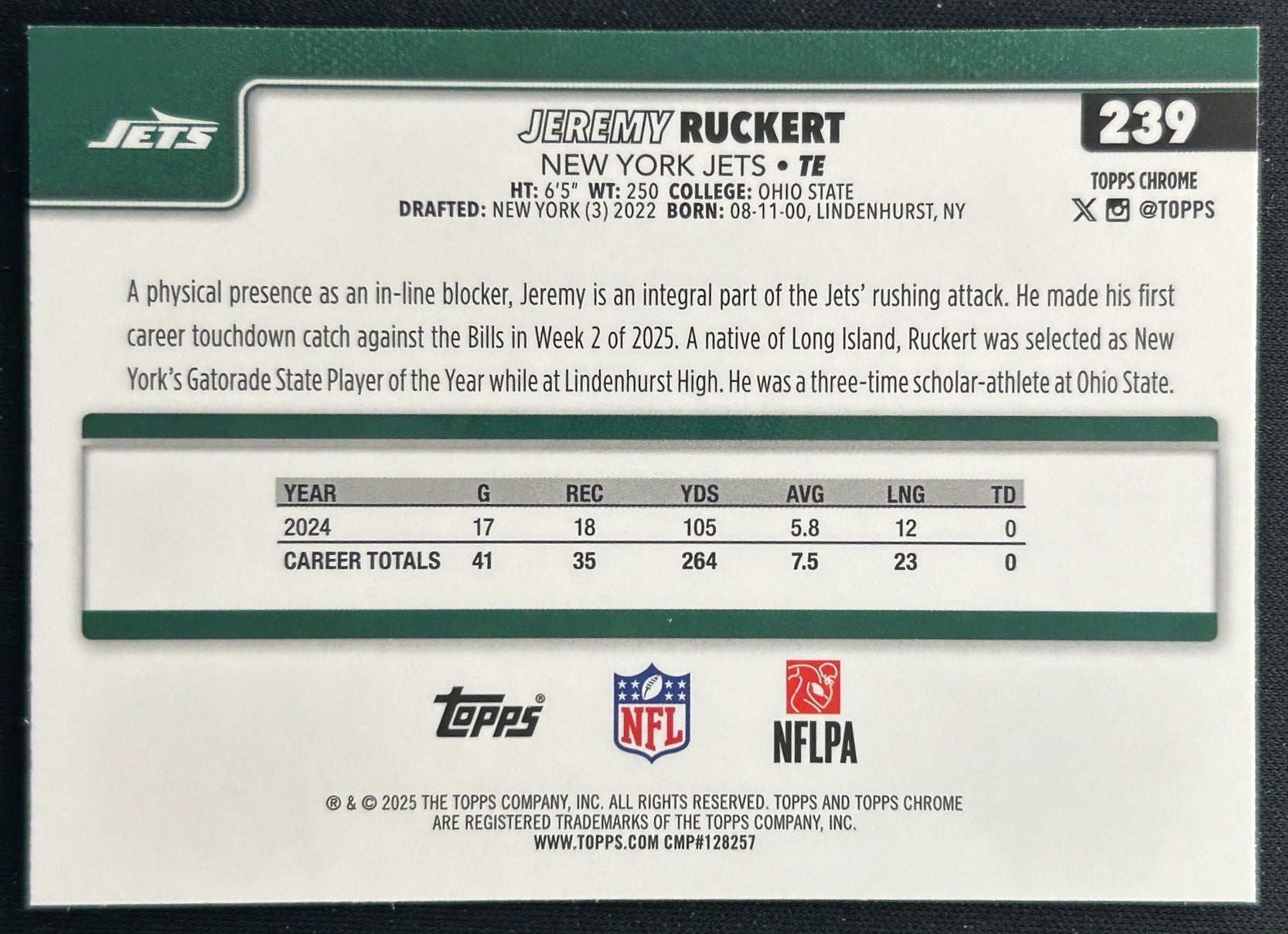 Jeremy Ruckert 2025 Topps Chrome Topps Logo Refractor Jets Sports Trading Cards