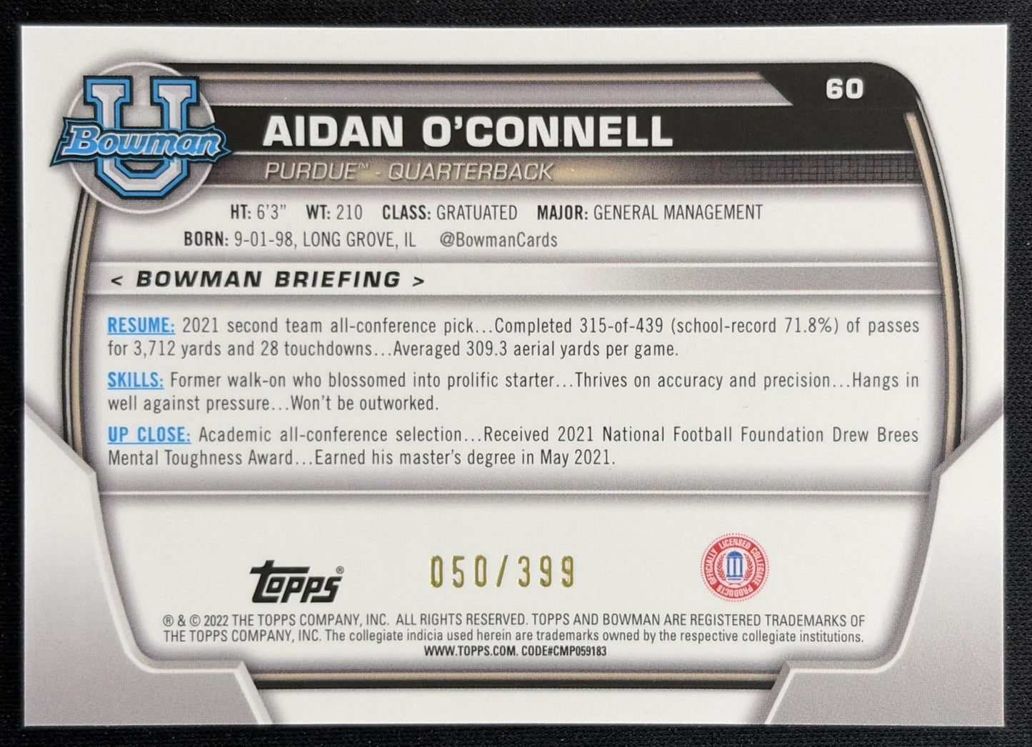 Aidan O'Connell 2022 Bowman University Chrome Purple Refractor /399 Boilermakers