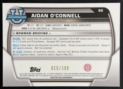 Aidan O'Connell 2022 Bowman University Chrome Purple Refractor /399 Boilermakers