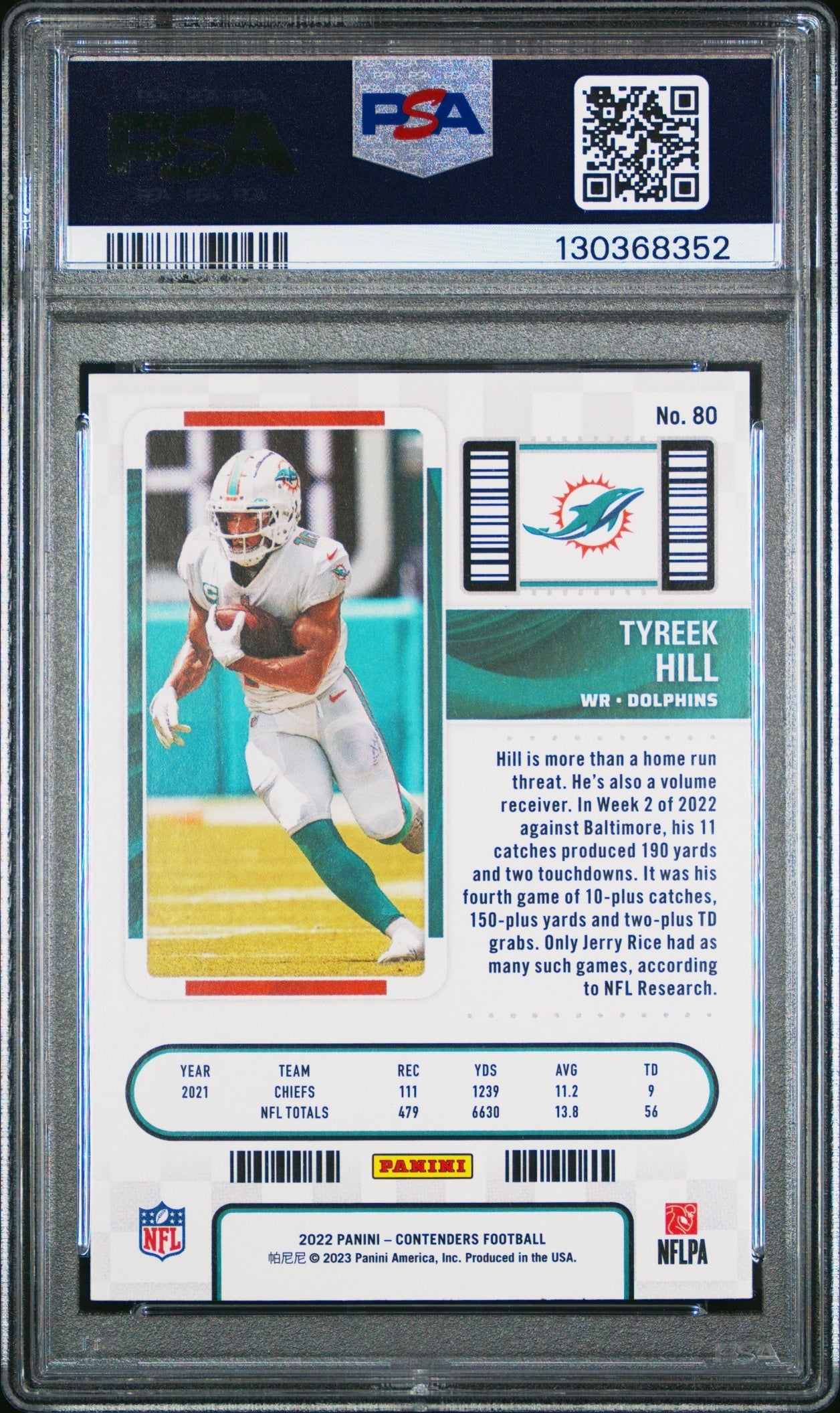 Tyreek Hill 2022 Panini Contenders PSA 10 Dolphins back