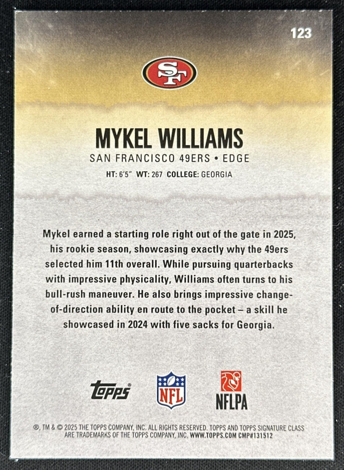 Mykel Williams 2025 Topps Signature Class Rookie Red & Black Foil 49ers back