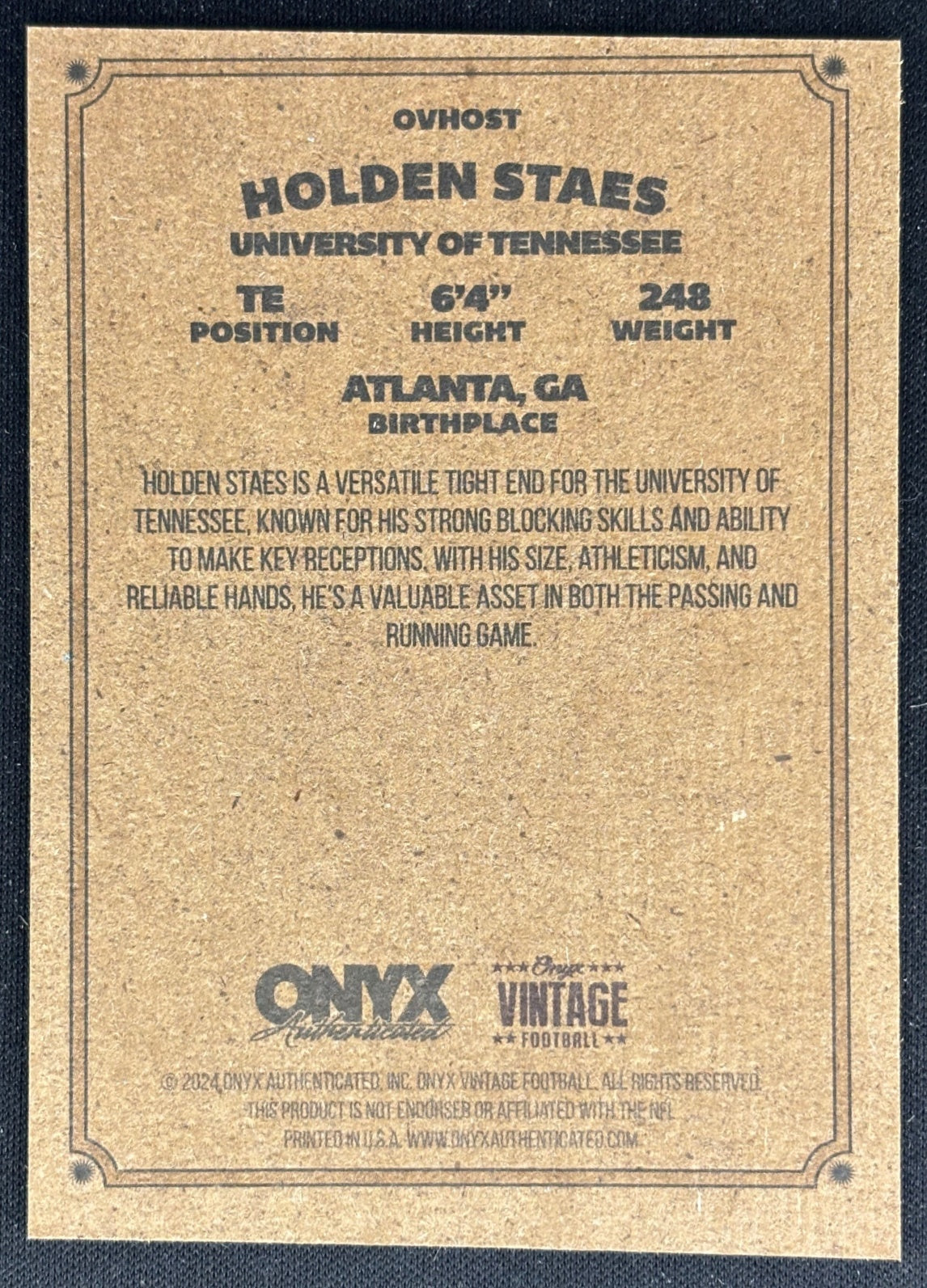 Holden Staes 2024 Onyx Vintage Collection Volunteers Titans Sports Trading Cards