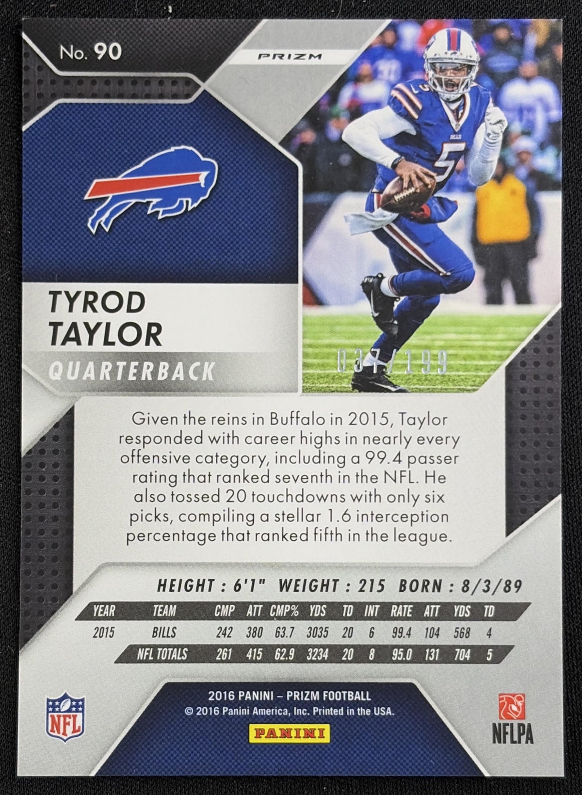 Tyrod Taylor 2016 Panini Prizm Light Blue /199 Bills sports trading card back
