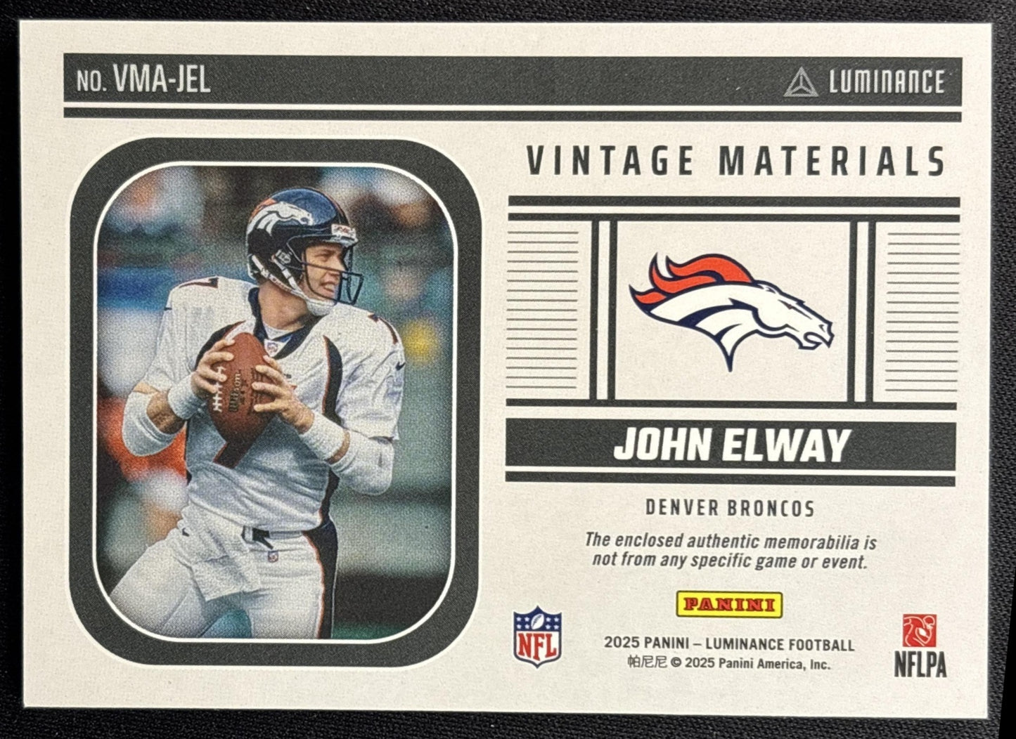 John Elway 2025 Panini Luminance Vintage Materials Gold /50 Sports Trading Cards