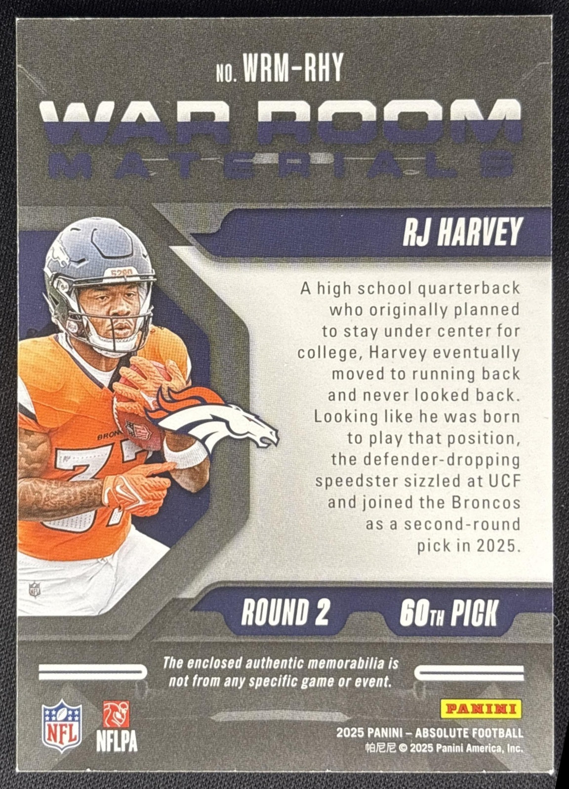 RJ Harvey 2025 Panini Absolute War Room Materials /115 Broncos Sports Trading Cards
