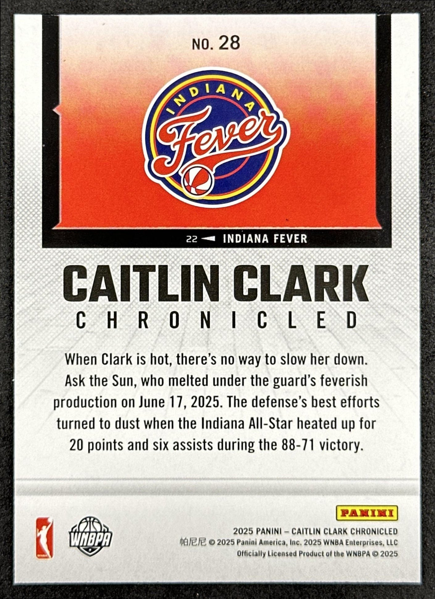 Caitlin Clark 2025 Panini Chronicled WNBA Holo Fever 28 Indiana Fever