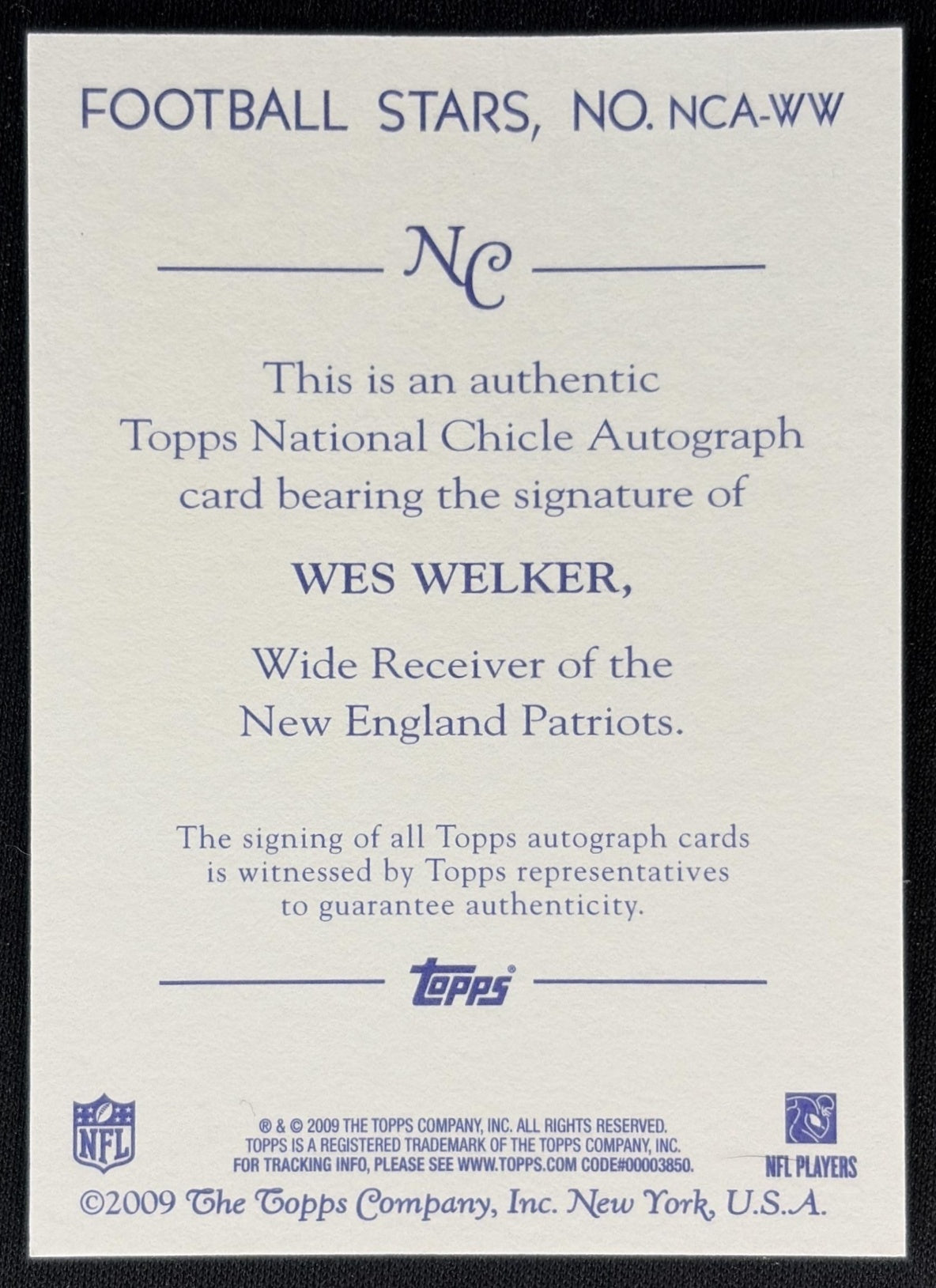 Wes Welker 2009 Topps National Chicle Auto Patriots Sports Trading Cards