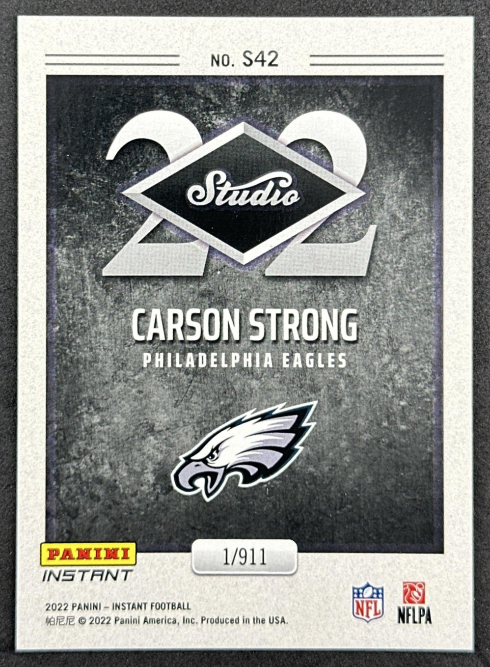 Carson Strong 2022 Panini Instant Studio Rookie /911 Eagles back sports trading card