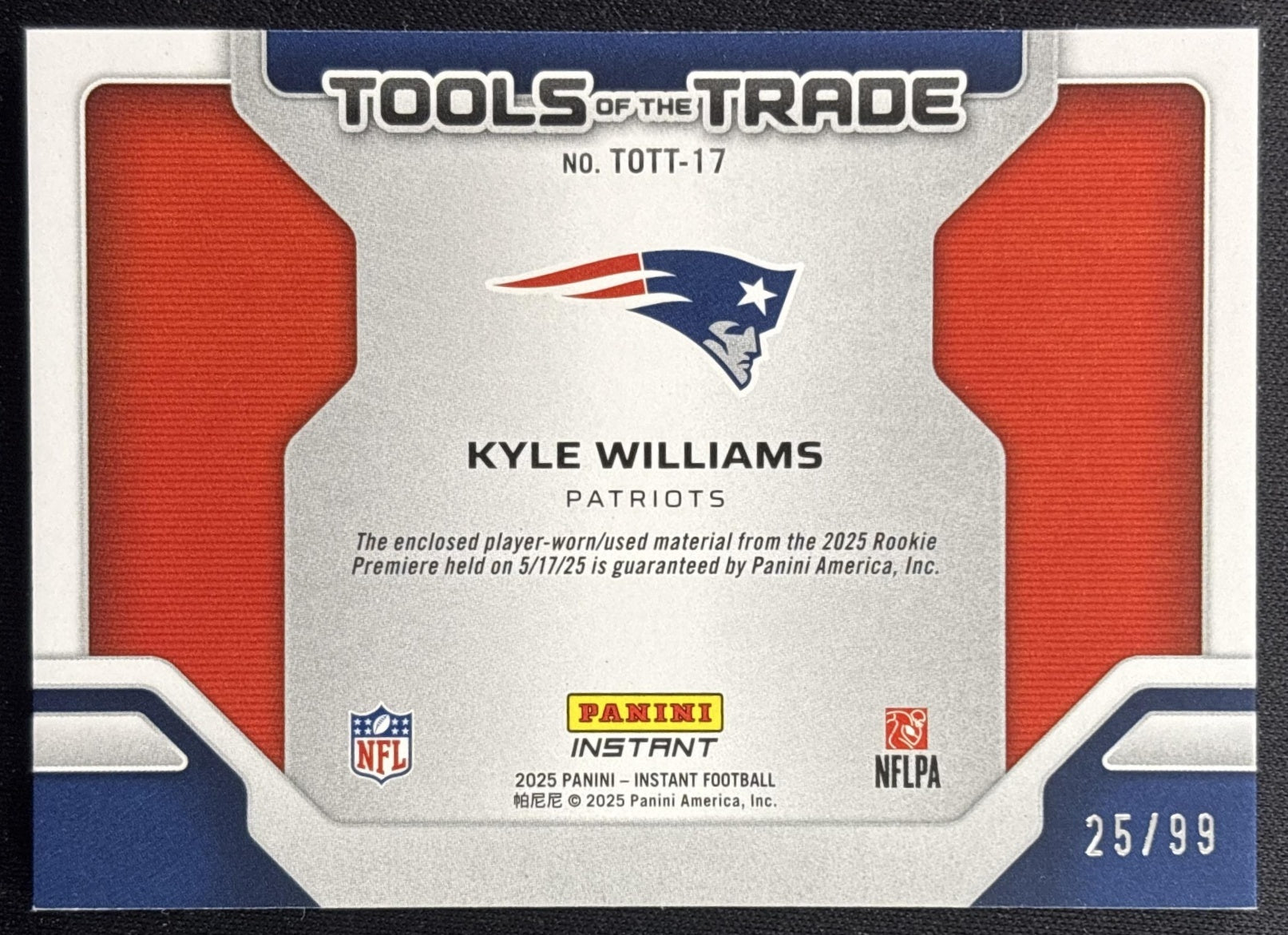 Kyle Williams 2025 Panini Instant Tools of the Trade Player-Worn Patch /99 Patriots back