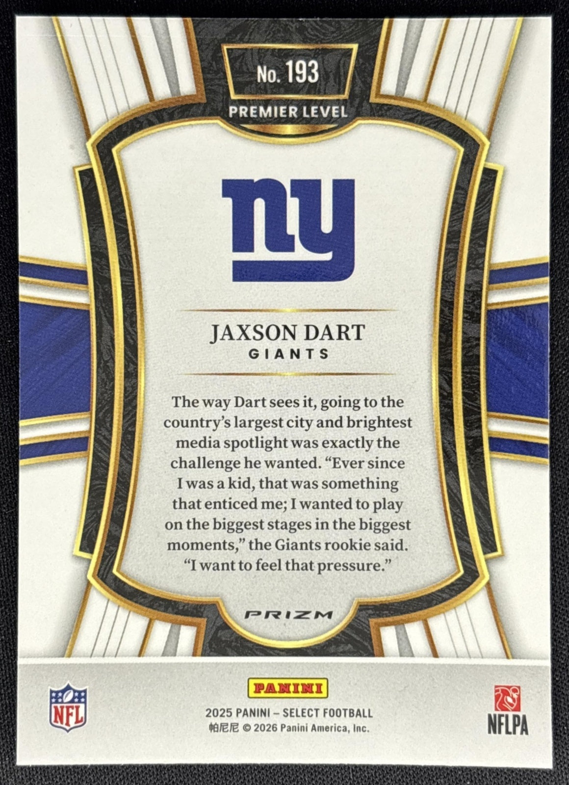 Jaxson Dart 2025 Panini Select Premier Level Pink Prizm Shock Giants Sports Trading Cards