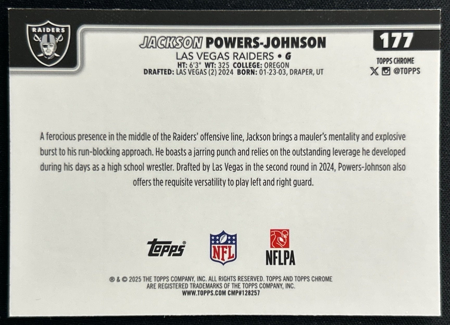 Jackson Powers-Johnson 2025 Topps Chrome Raiders Sports Trading Cards