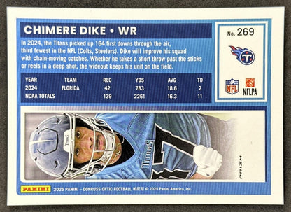 Chimere Dike 2025 Panini Donruss Optic Rated Rookie Blue Hyper Prizm Titans back