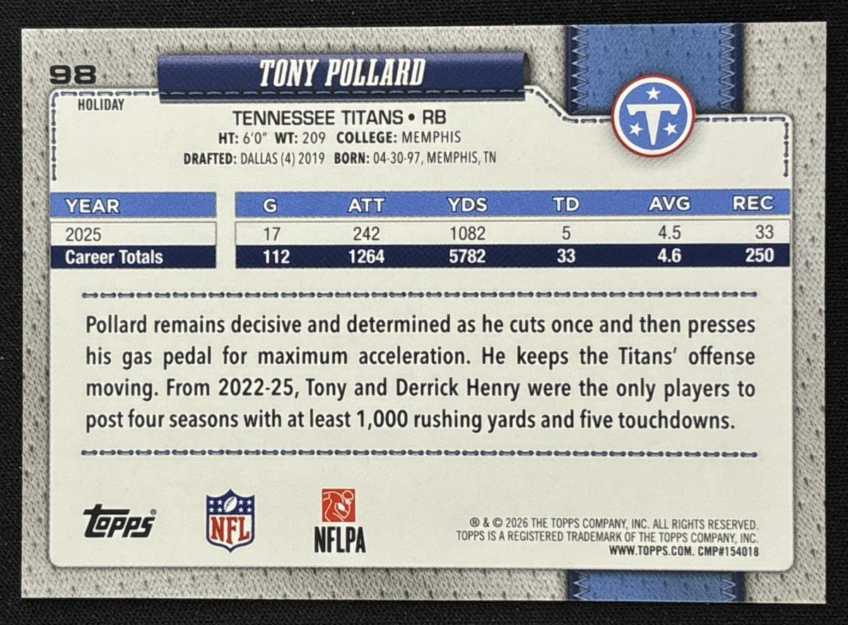 Tony Pollard 2026 Topps Holiday Light Blue and White Glitter Titans | Tennessee Titans