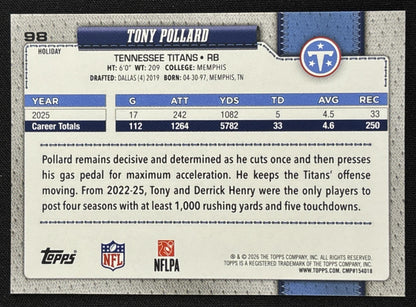 Tony Pollard 2026 Topps Holiday Light Blue and White Glitter Titans | Tennessee Titans