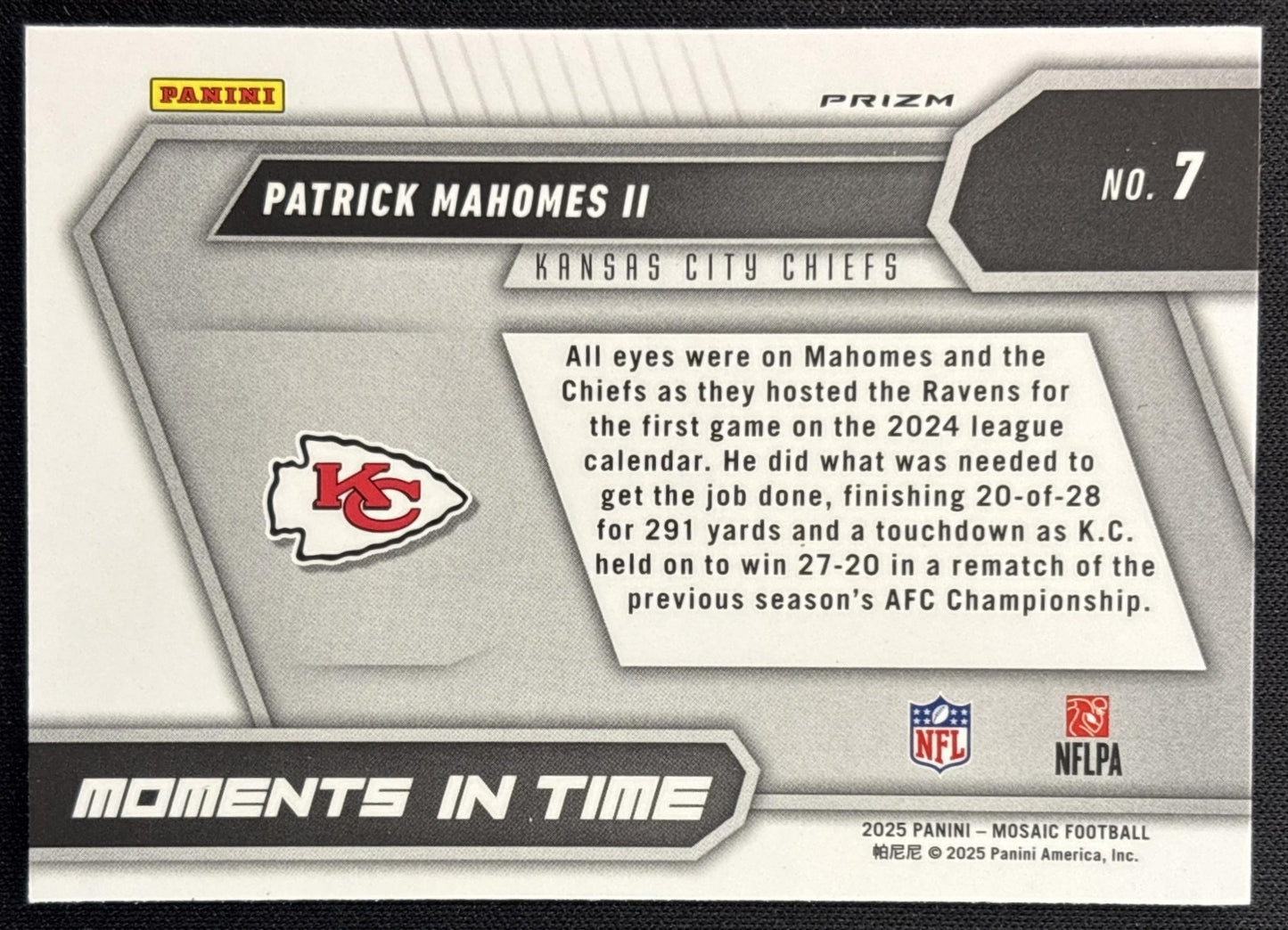 Patrick Mahomes II 2025 Mosaic Moments in Time No Huddle Silver Prizm Chiefs back