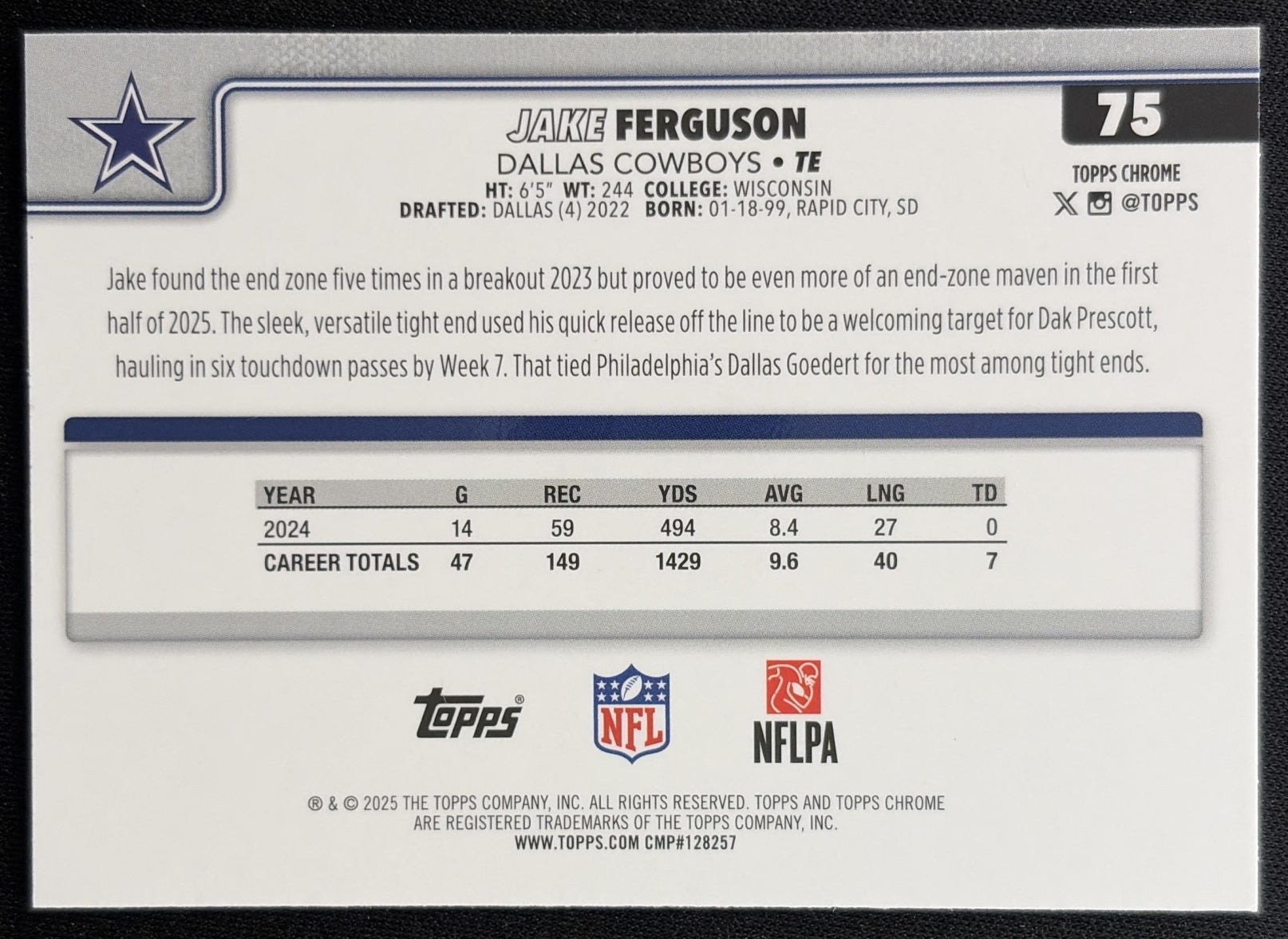 Jake Ferguson 2025 Topps Chrome Pink Wave Refractor /250 Cowboys back