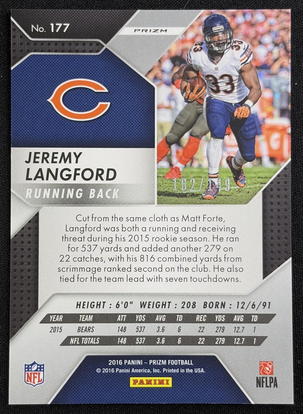 Jeremy Langford 2016 Panini Prizm Blue Wave /149 Bears - Back
