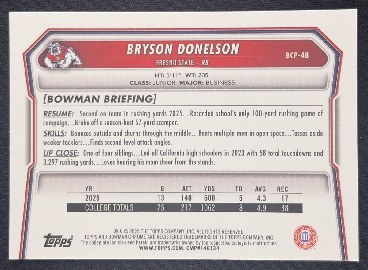 Bryson Donelson 2026 Bowman Chrome Prospects Speckle Refractor Bulldogs