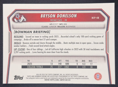 Bryson Donelson 2026 Bowman Chrome Prospects Speckle Refractor Bulldogs