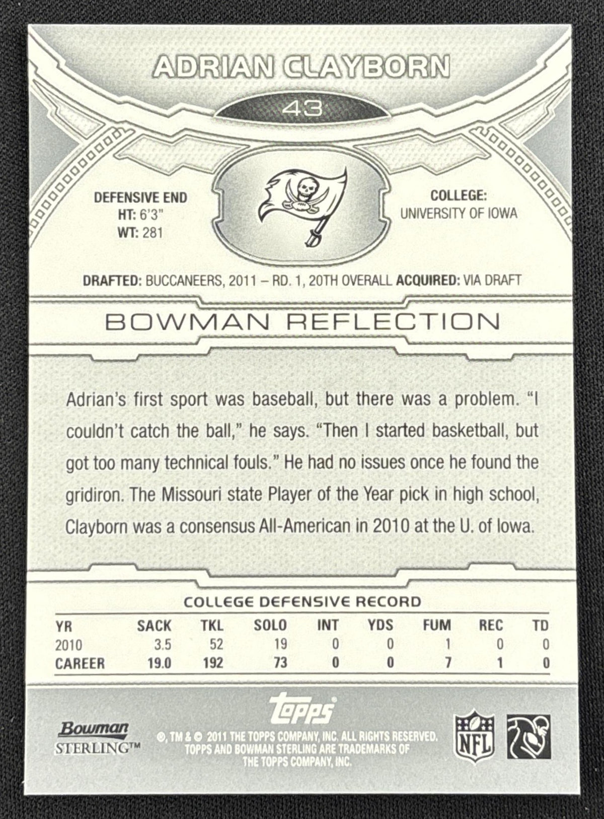 Adrian Clayborn 2011 Bowman Sterling Refractor /299 Buccaneers