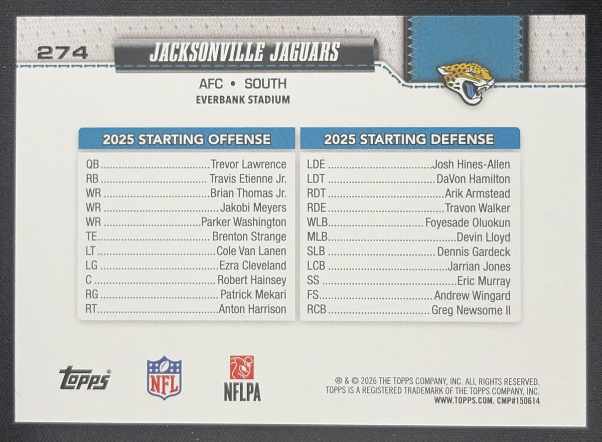 Jacksonville Jaguars 2026 Topps Fanatics Foil Sports Trading Card