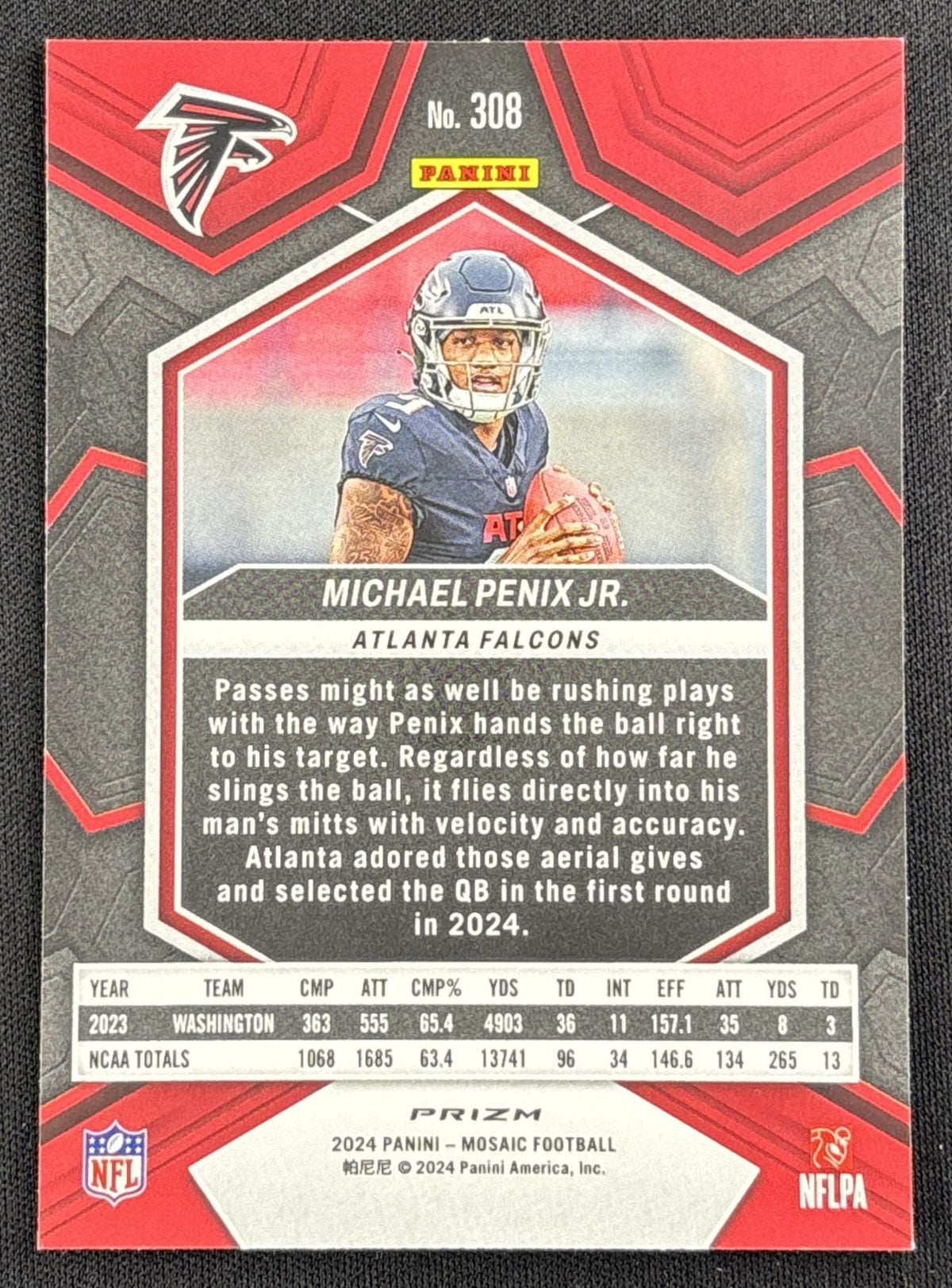 Michael Penix Jr. 2024 Panini Mosaic Honeycomb Prizm Falcons