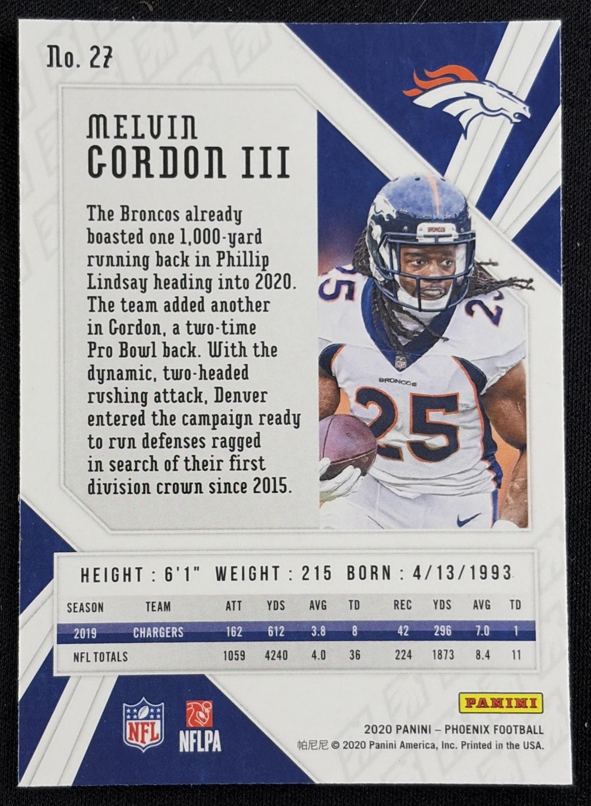Melvin Gordon III 2020 Panini Phoenix Color Burst Broncos - back