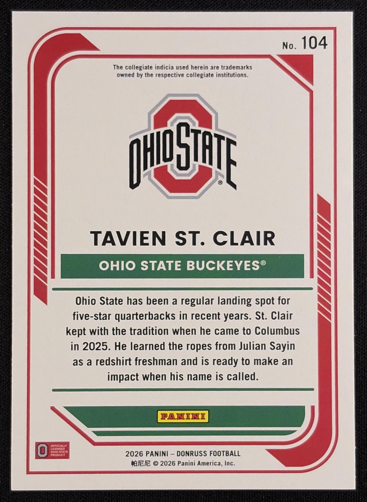 Tavien St. Clair 2026 Panini Donruss Lighting Buckeyes Sports Trading Card