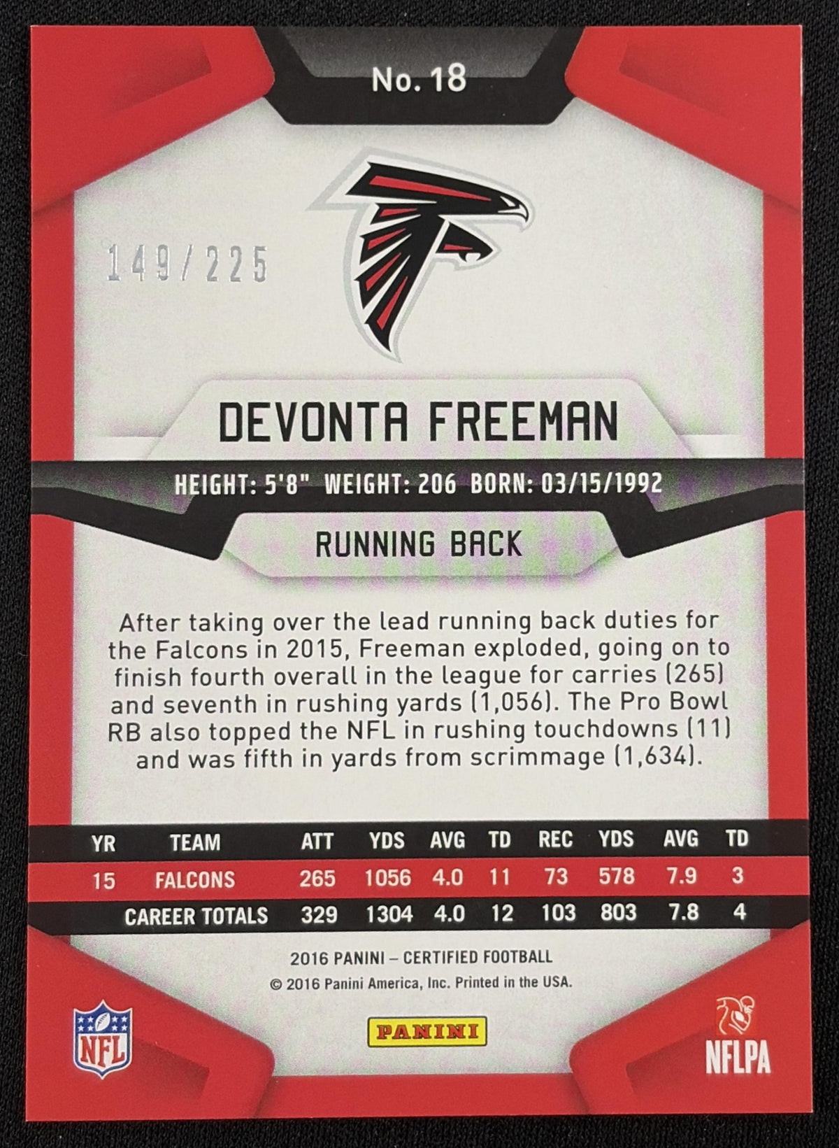 Back of Devonta Freeman 2016 Panini Certified Mirror Orange /225 Falcons sports trading card