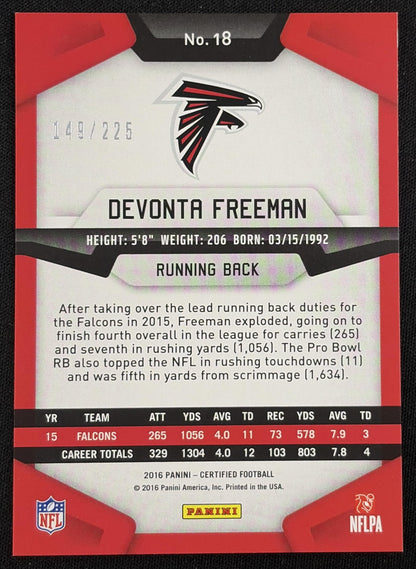Back of Devonta Freeman 2016 Panini Certified Mirror Orange /225 Falcons sports trading card