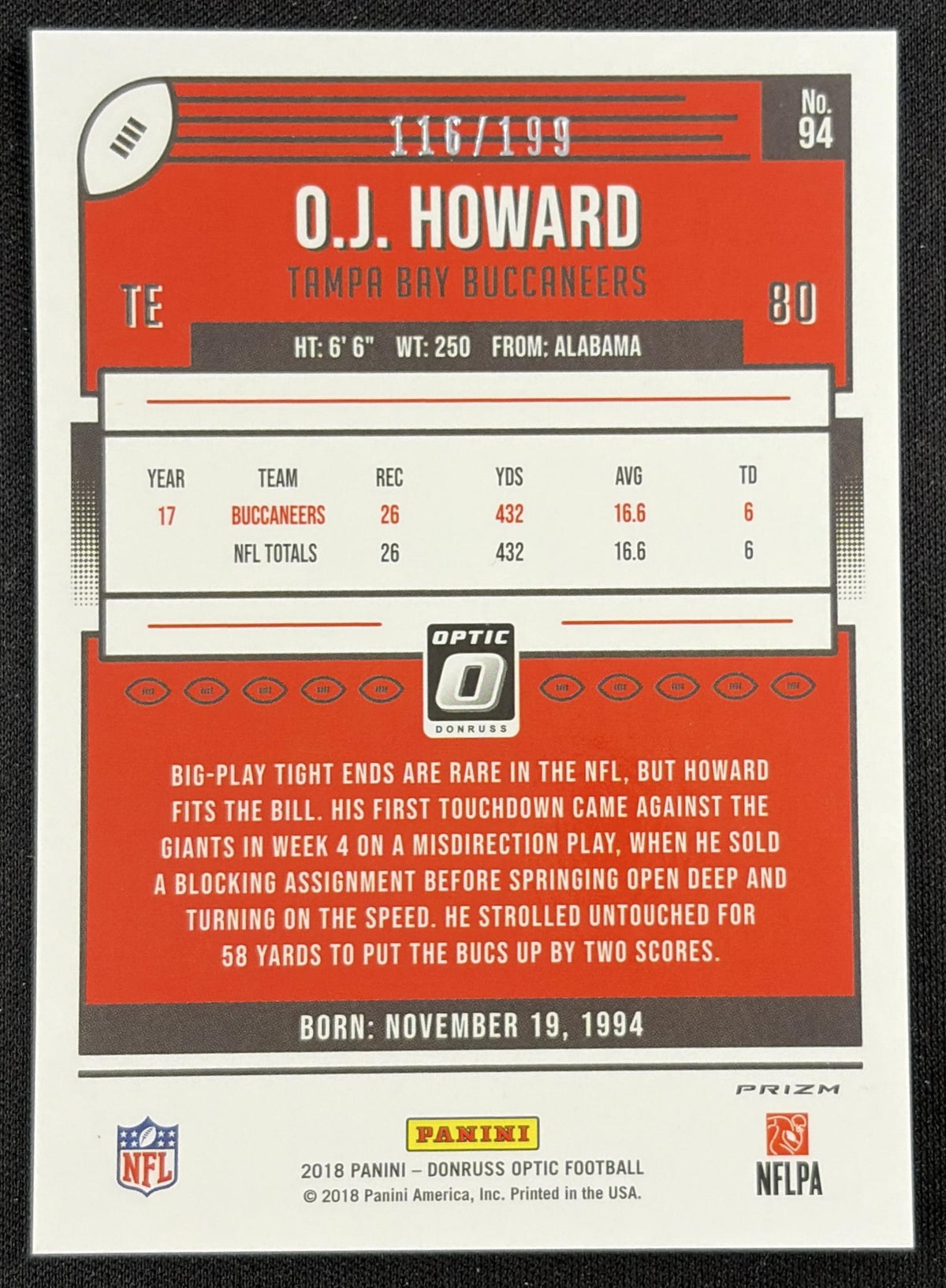 O.J. Howard 2018 Panini Donruss Optic Orange Prizm /199 Buccaneers Sports Trading Card
