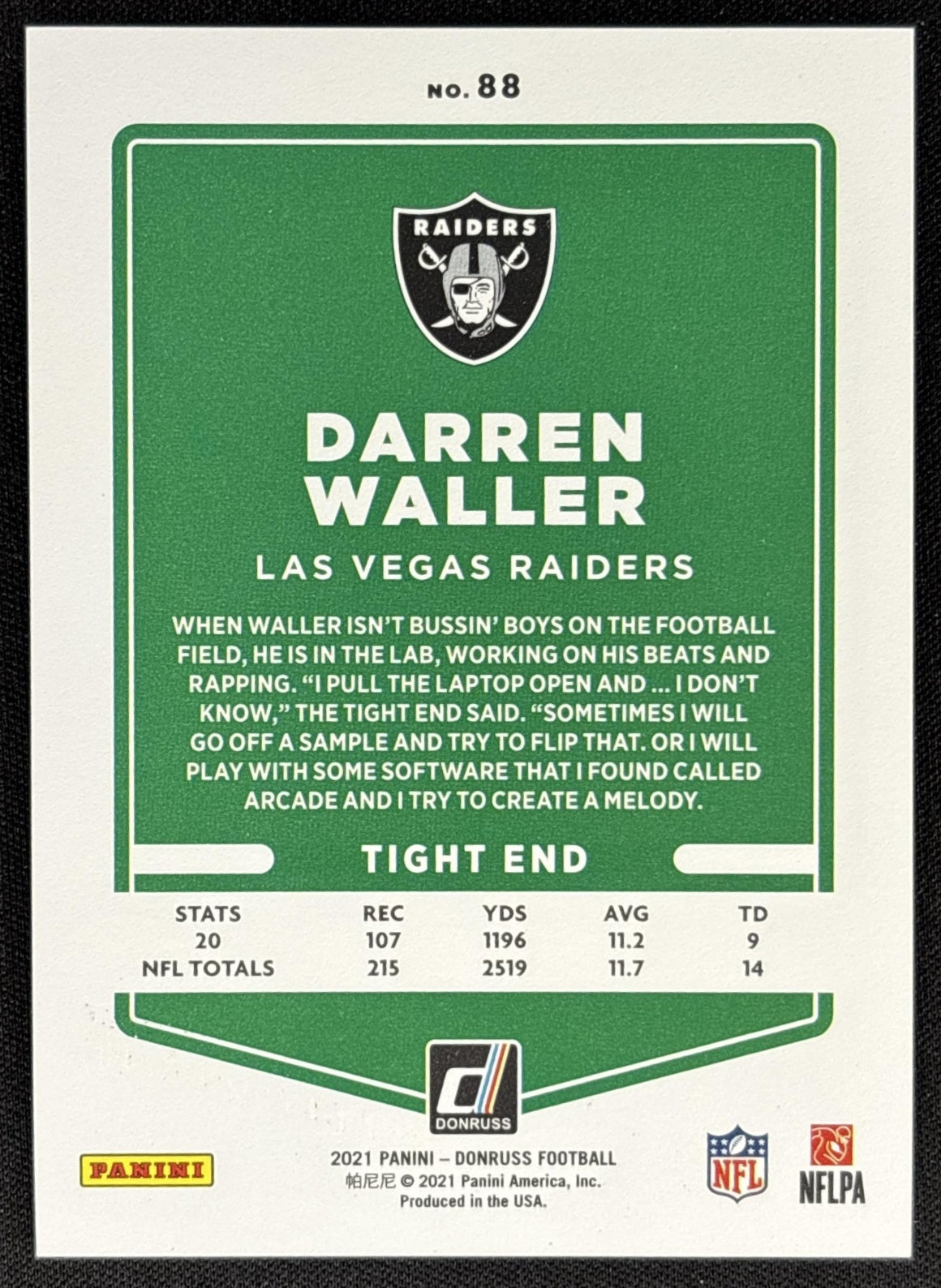 Darren Waller 2021 Panini Donruss Press Proof Premium Raiders