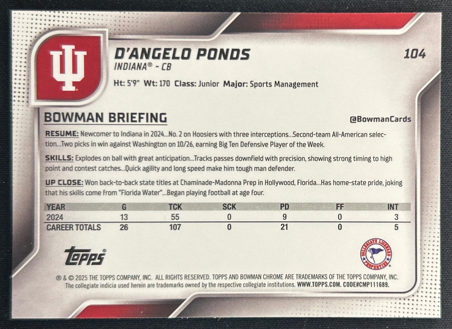 D'Angelo Ponds 2025 Chrome University Prospects Yellow Mini-Diamond Refractor /350 Hoosiers