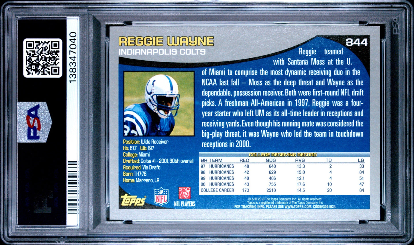 Reggie Wayne 2010 Topps Anniversary Reprints PSA 10 Colts back
