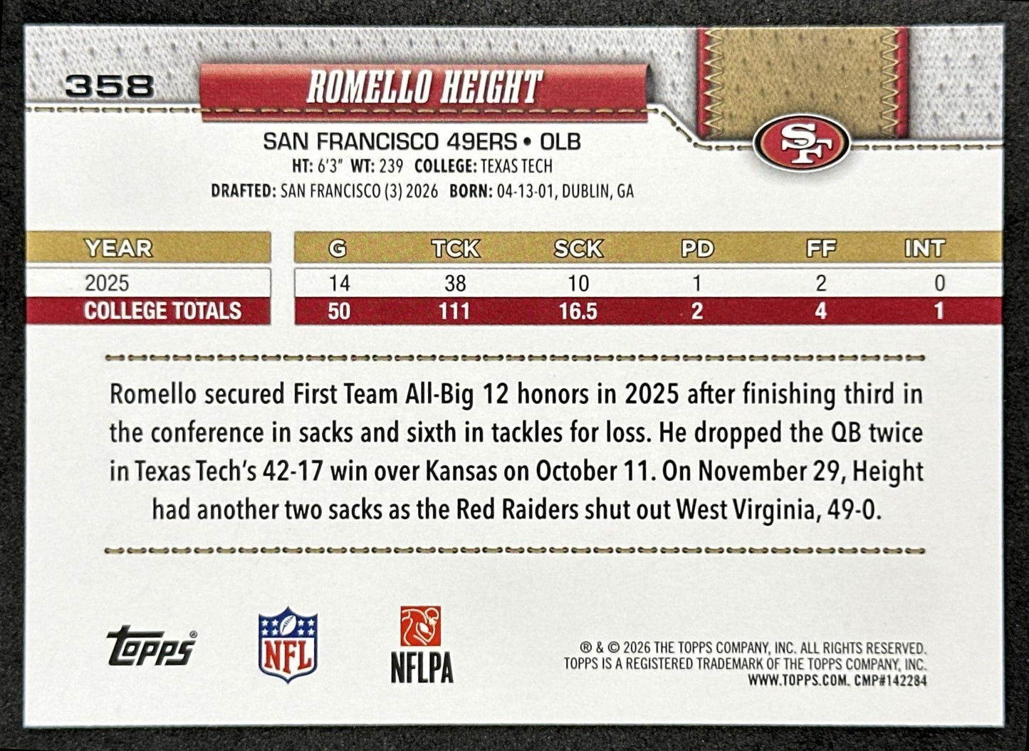 Romello Height 2026 Topps Flagship Rookie 49ers Sports Trading Cards