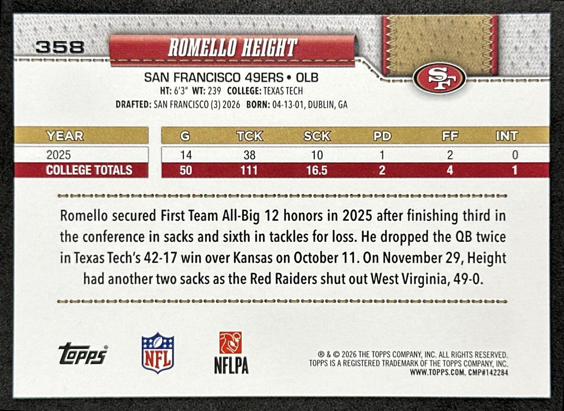 Romello Height 2026 Topps Flagship Rookie 49ers Sports Trading Cards