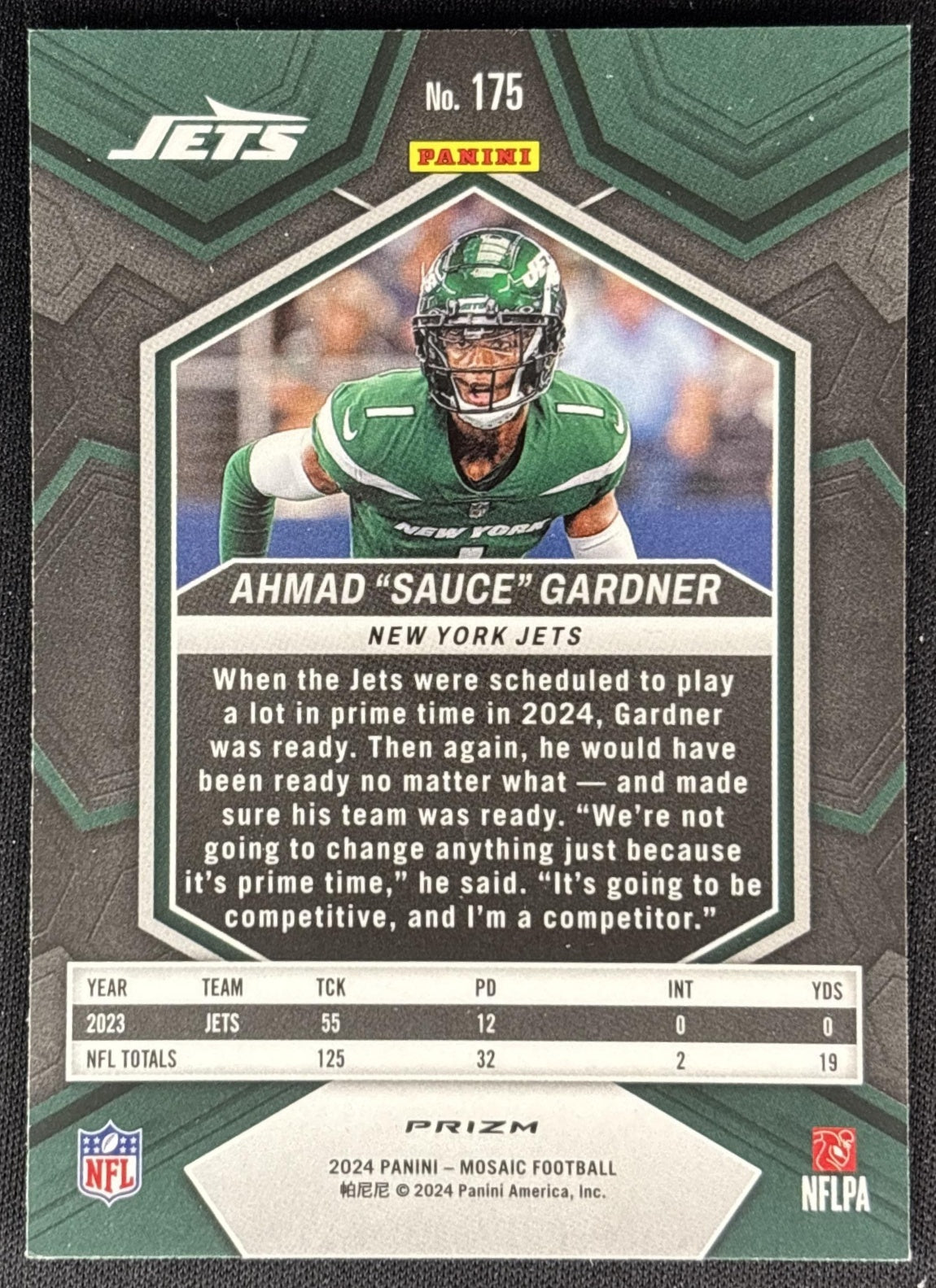Ahmad "Sauce" Gardner 2024 Panini Mosaic Green Prizm Jets Sports Trading Cards