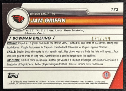 Jam Griffin 2023 Bowman University Chrome Aqua Refractor /299 back