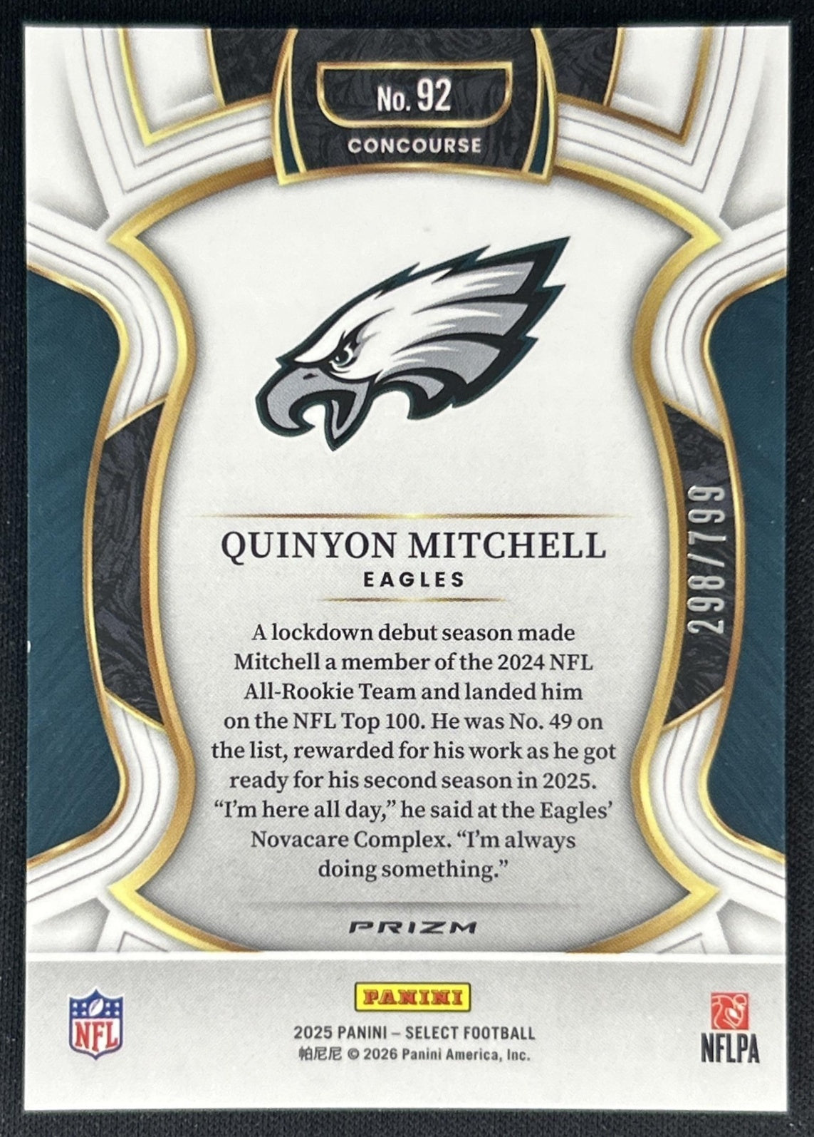 Quinyon Mitchell 2025 Panini Select Concourse White Prizm Shock /799 Eagles back