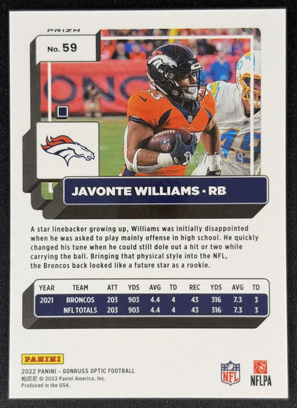 Javonte Williams 2022 Panini Donruss Optic Orange /199 Broncos back