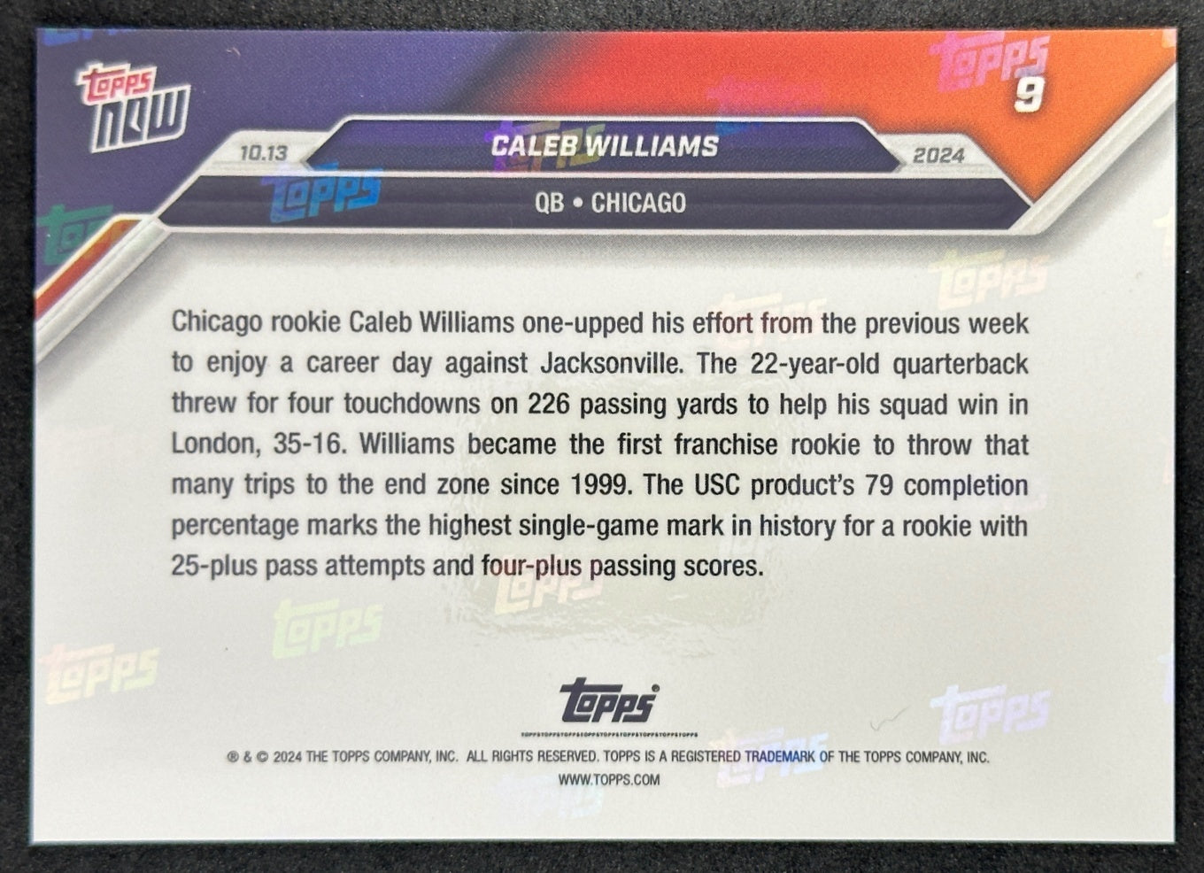 Caleb Williams 2024 Topps NOW #9 Bears back