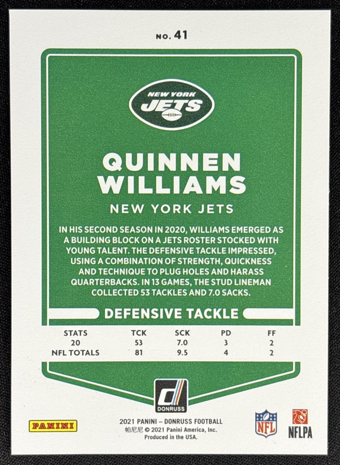 Quinnen Williams 2021 Panini Donruss Press Proof Premium Jets