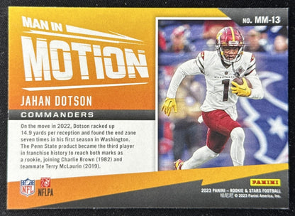 Jahan Dotson 2023 Panini Rookies & Stars Man In Motion Commanders Washington Commanders Sports Trading Card