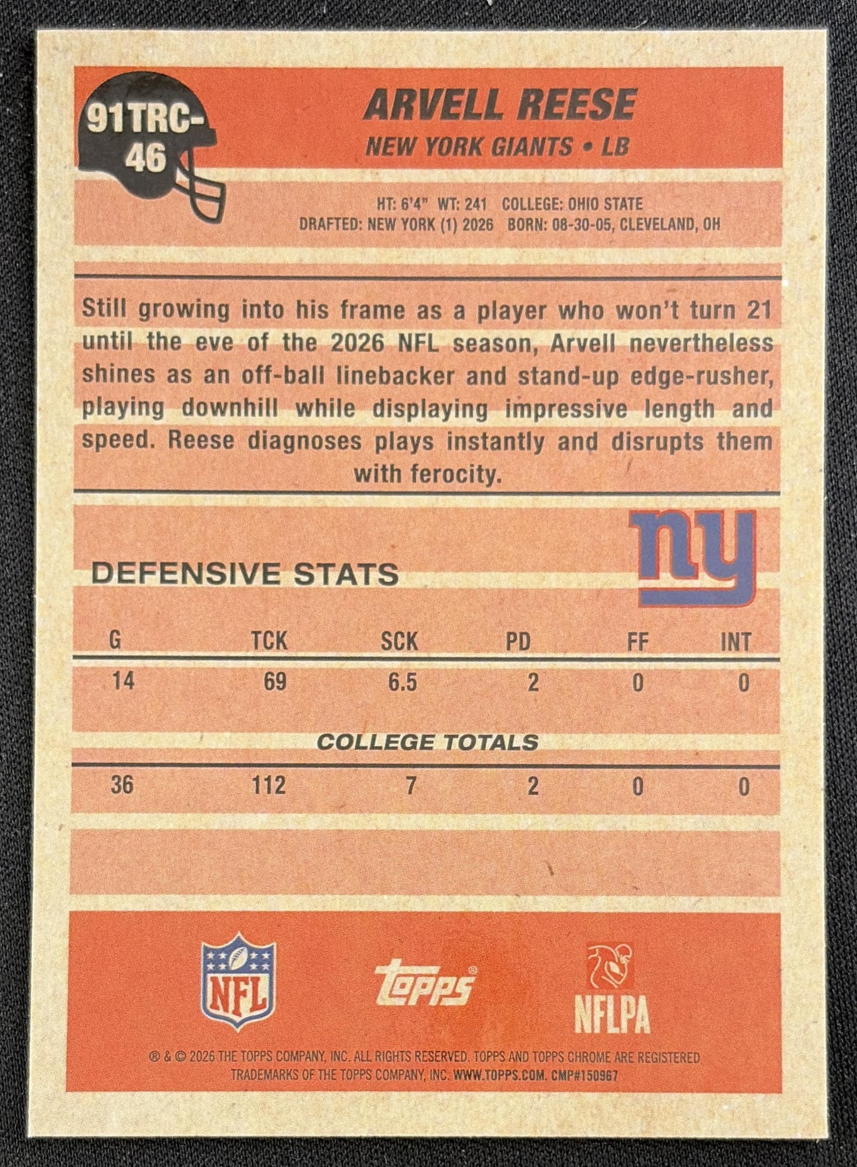 Arvell Reese 2026 Topps 1991 Chrome Rookie Mojo Refractor Giants back